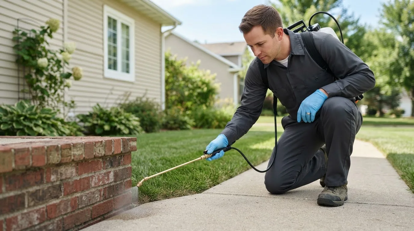 Pest control technician treating a home near Fort Yates, ND